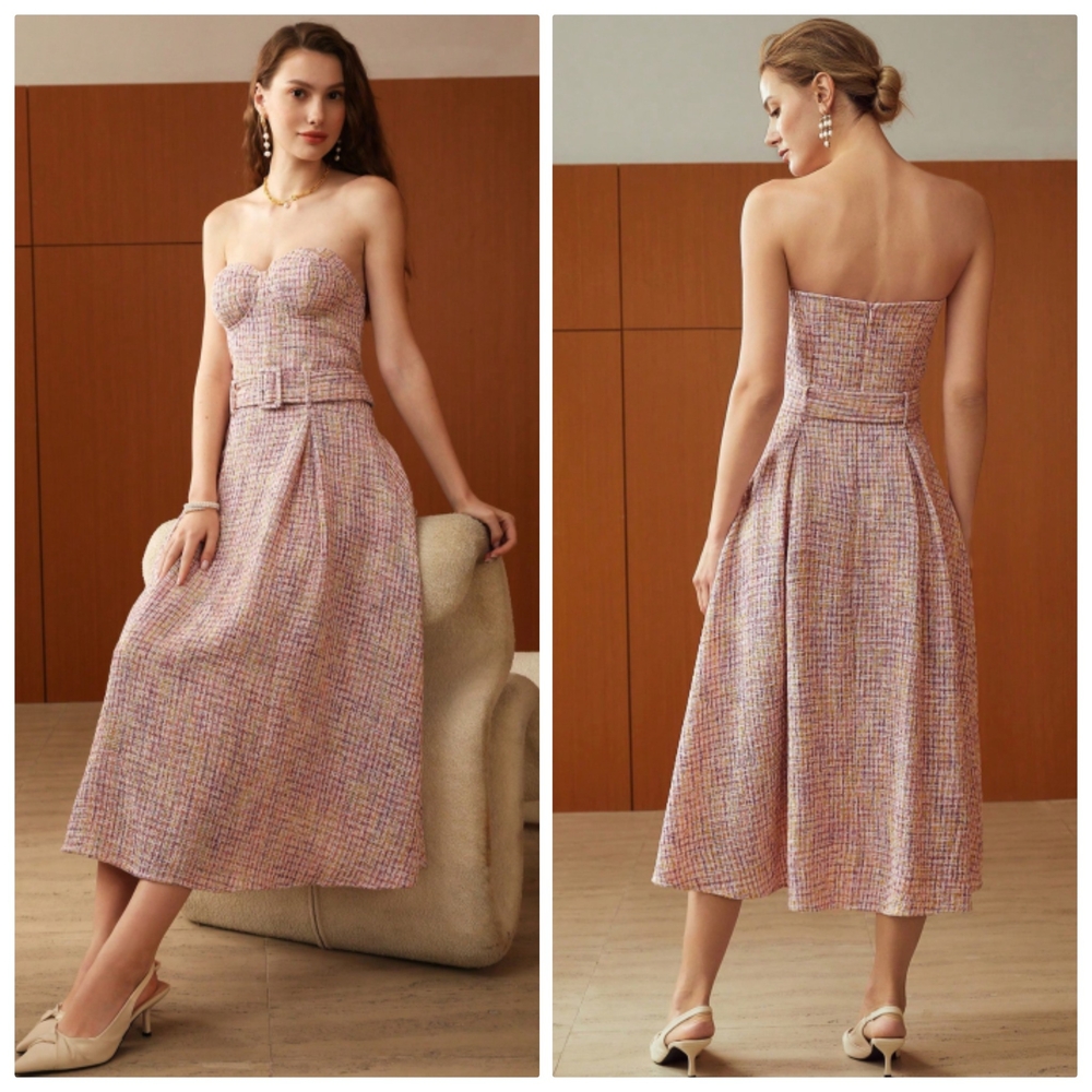 Nwt Motf Pink Tweed / Shimmer Of Gold Strapless Bustier Retro Inspired Dress